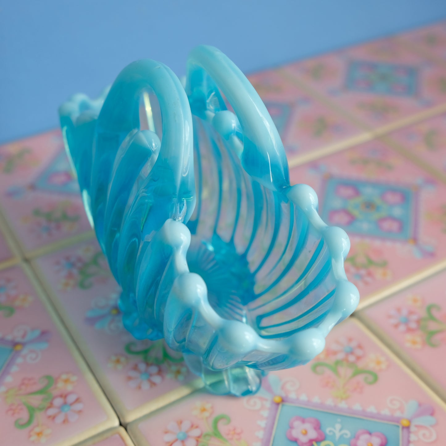 Vintage light blue glass basket