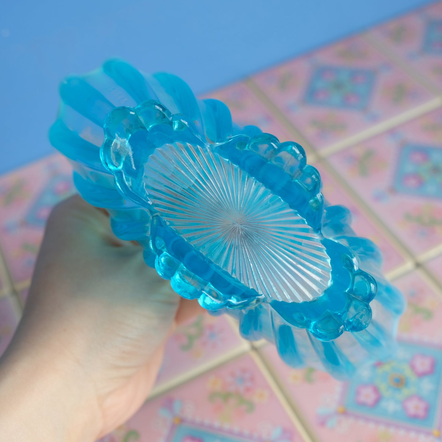 Vintage light blue glass basket
