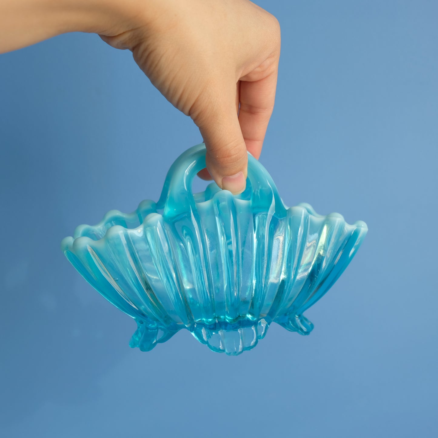 Vintage light blue glass basket